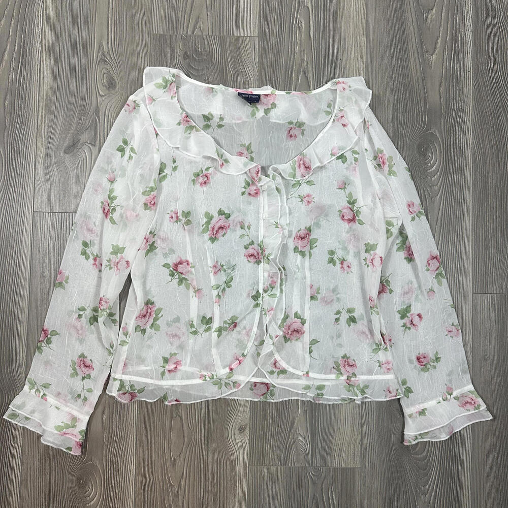Boston Proper Sheer White Floral Ruffle Blouse -‎ Feminine Spring & Summer Top
